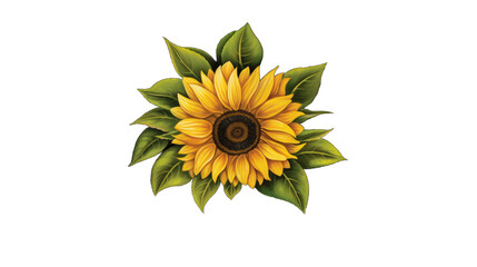 a vibrant yellow sunflower with lush green leaves against a striking black background