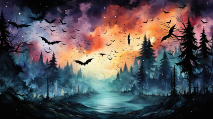 A painting of bats flying over a forest. Generative AI. Halloween background. © Friedbert