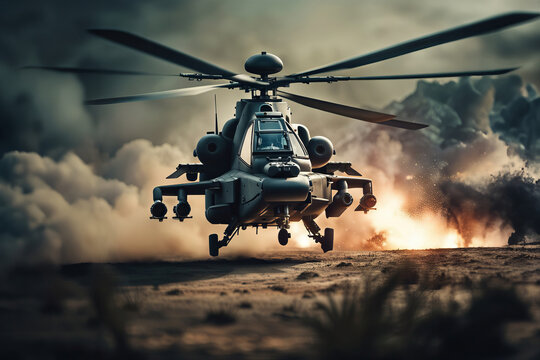 WAR SERIES, Combat Attack Helicopter Taking off Under Fire, created with Generative AI technology