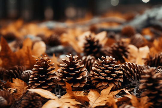 autumn fall pine cones shot in forest