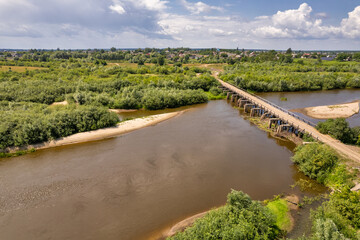 Fototapeta na wymiar Aerial drone view over Sluch river in Rivne region, Ukraine.