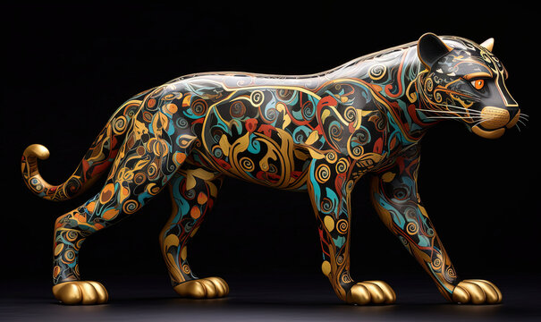  a colorful painted tiger statue on a black background with a black background.  generative ai