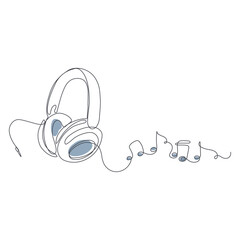 Pair of headphones in line art with continuous music notes