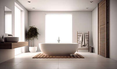 Naklejka na ściany i meble a bathroom with a large bathtub and a plant in the corner. generative ai