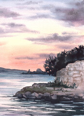 Obraz premium Watercolor landscape illustration Hand drawn background sunset on the sea in Croatia