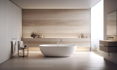 Naklejka na ściany i meble a large white bath tub sitting in a bathroom next to a sink. generative ai
