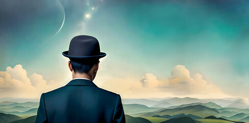 man with bowler hat overlookes dreamy landscape, fantastic scenery with cloudy blue sky and green hills, lost in thought, concept of thinking, view into the distance, past and future, memory, identity