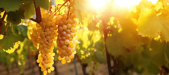 Close up von reife helle Weintrauben an einem Weinstock mit Textfreiraum im Herbst.