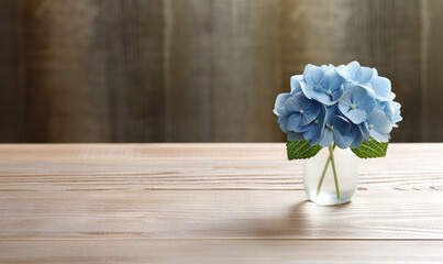  a vase with a blue flower on a wooden table top.  generative ai