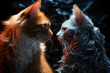 Two cats see each other against a dark background. AI generative