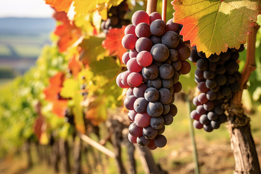 Close up auf reife roten Weintrauben an einem Weinstock im Herbst im Sonnenschein mit dem Weinberg im Hintergrund.