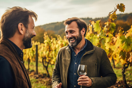Zwei sympathischer M&auml;nner mit Bart stehen drau&szlig;en im Weinberg und unterhalten sich mit einem Glas Rotwein in der Hand. 