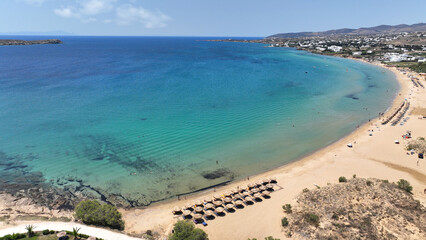 Aerial drone photo of famous for surfers sandy beach of Chrysi Akti or Golden beach with crystal...