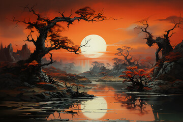 Water color art work, surrealism, pencil shaded, landscape sunset. AI generative