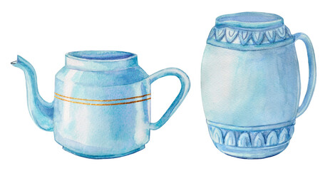 Watercolor hand-painted illustrations of a ceramic jug and a teapot in blue color on a transparent background.