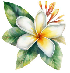 Watercolor illustration of a white tropical flower Frangipani, Plumeria. Ai illustration. Transparent background, png