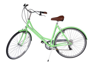 Fototapeta na wymiar Green retro bicycle, generic clean and new. Brown leather saddle and handles. Vintage look city bike. Png isolated on transparent background