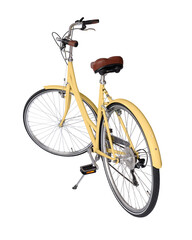 Yellow retro bicycle, generic clean and new. Brown leather saddle and handles, back view. Vintage look city bike. Png isolated on transparent background