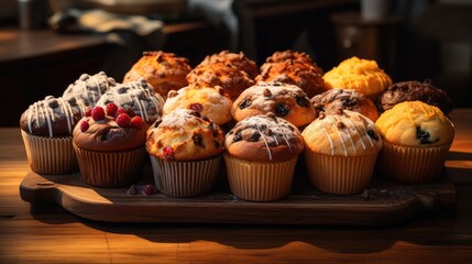 different kinds of colorful muffins on a wooden tray
