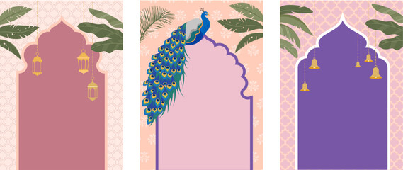 Indian and oriental frames, backgrounds, doors and arches. Wedding, event invitation templates collection
