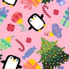 Christmas cartoon animals seamless penguin and gift box and candy pattern for wrapping paper and fabrics