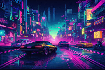 Neon Nights: Vibrant Cityscape Illustration, ai