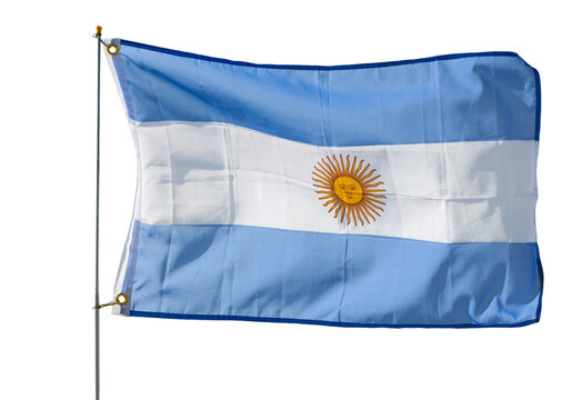 Big flag of Argentina fastened on stick. Isolated over white background