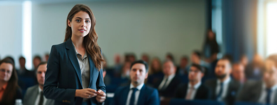 Empowerment in the workplace: a woman in a suit speaking at an inspiring conference