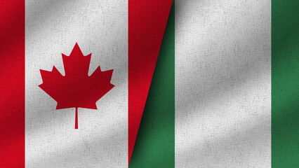 Nigeria and Canada Realistic Two Flags Together, 3D Illustration