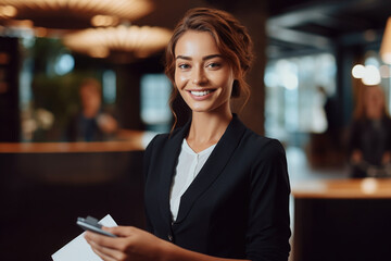 Polite and elegant hotel receptionist greeting hotel guests at reception counter. Generative AI.