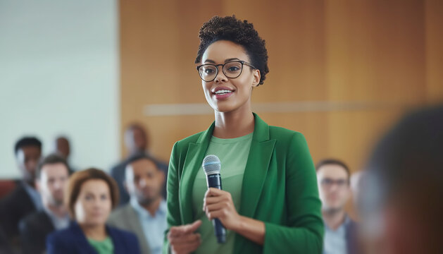 African American Business woman speaking with a microphone and suit showcases her influence and charisma in a conference room
