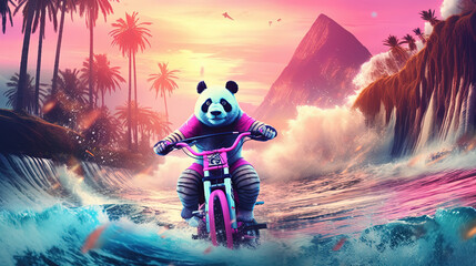 Synthwave Panda riding a bicycle on the Beach