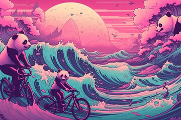 Naklejka premium Synthwave Panda riding a bicycle on the Beach