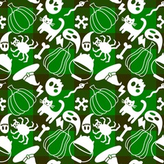 Cartoon Halloween seamless pumpkins and skulls and bones and cat and spider and ghost pattern for wrapping paper
