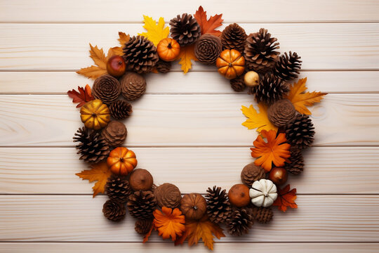 Fall autumn wreath on white wooden table 