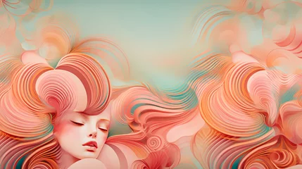 Tuinposter The concept of a fairy tale. Fantasy fashion idea. Female with long wavy pink hair. Strands, multicolored lines. Different shades of pink, apricot color in hair. Red hair and pastel green background. © NEONOW