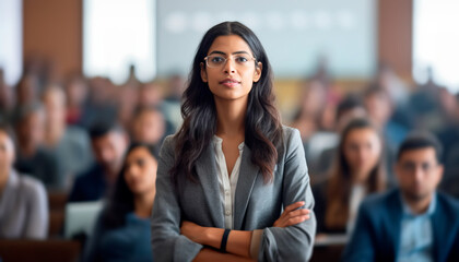 How to overcome the fear of public speaking: Overcoming anxiety during public discourse is a key skill for professional success, a woman in front of her audience - obrazy, fototapety, plakaty