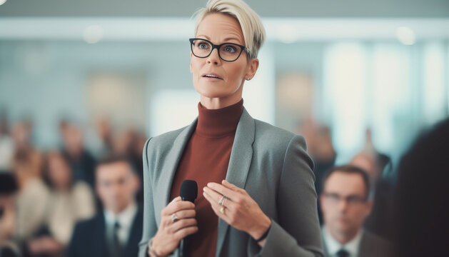 Female Lawyer Asking Questions In A Courtroom, During A Trial, In Front Of A Judge And Witnesses.