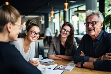 A portrait of a multigenerational business team engaged in a training session, with a mix of teaching and learning happening Generative AI