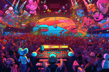 Synthwave Grooves: Panda DJ in Retro-Futuristic Illustration