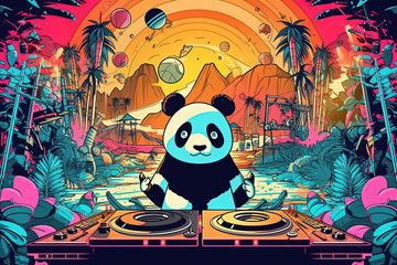 Obraz premium Synthwave Grooves: Panda DJ in Retro-Futuristic Illustration