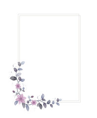 Rectangular floral frame with violet purple watercolor flowers and green leaves, template