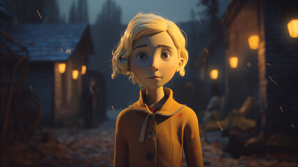 Fototapeta premium A young girl 3d character standing in front of a house at night Generative Ai