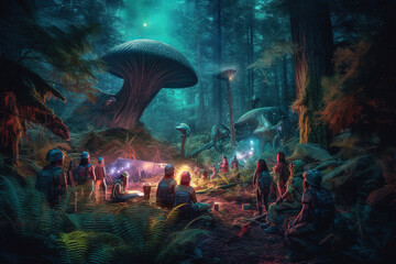 Fototapeta na wymiar Celestial Encounter: Vibrant Astronaut UFO Illustration, ai