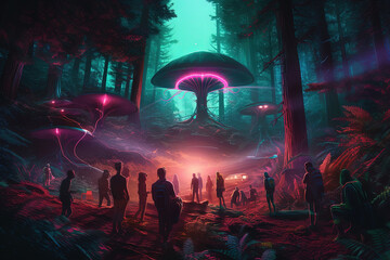 Celestial Encounter: Vibrant Astronaut UFO Illustration, ai