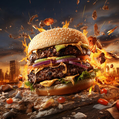 Explosive epic burger. High quality illustration