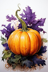 A painting of a pumpkin surrounded by leaves. Generative AI. Halloween pumpkin.