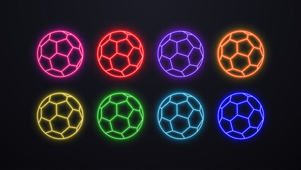 A set of colorful neon 3d soccer ball icons on a dark background. Logos on the theme of sports.