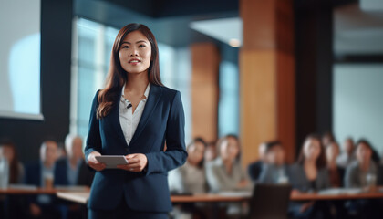 Presentation of an asian female leader speaking in a conference room before her attentive audience.