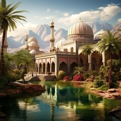 Muslim mosque and waterfall, Illustration AI Generative.